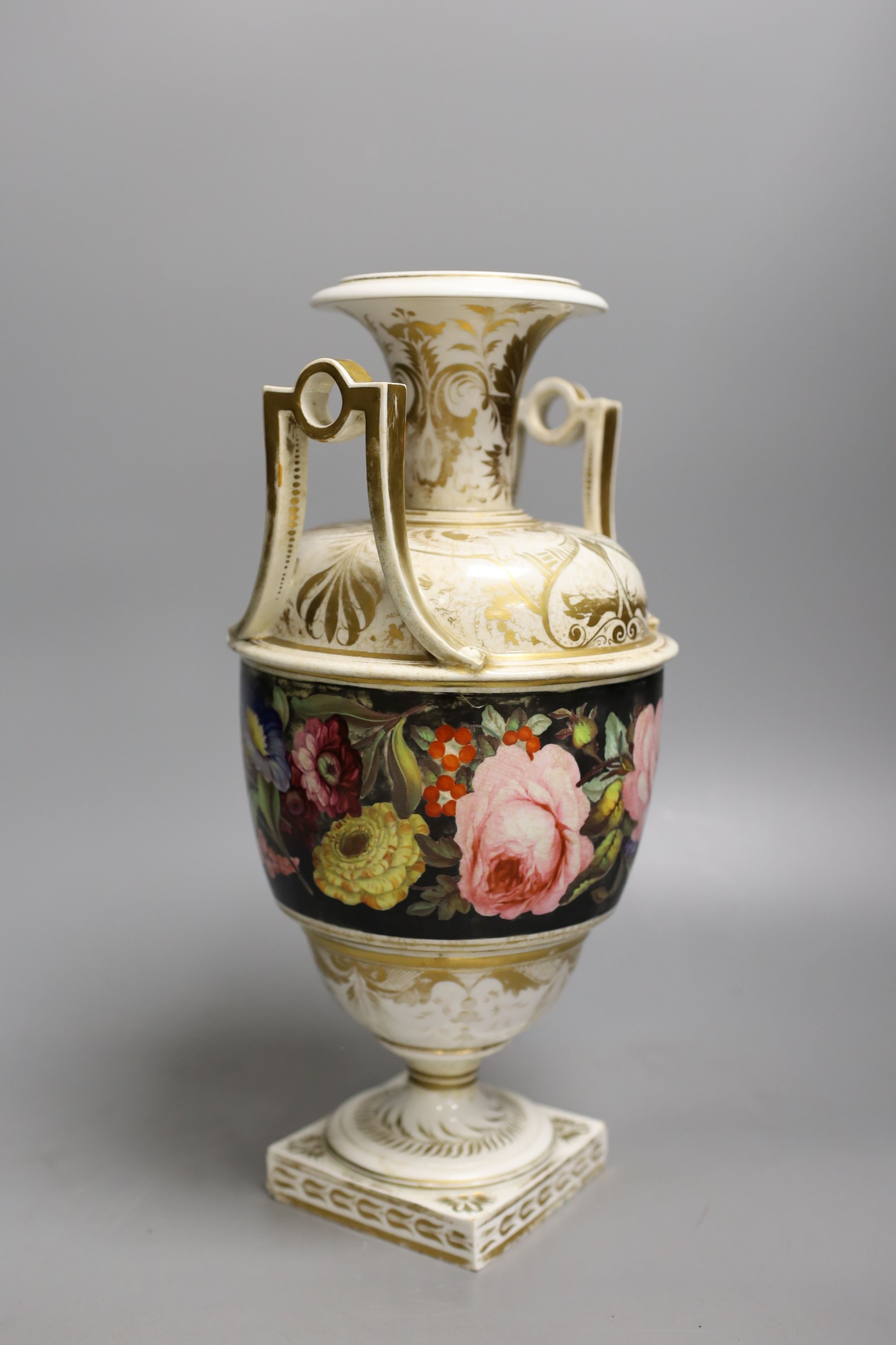 A Derby vase painted with flowers on a dark grey ground, painted by William 'Quaker' Pegg, red mark c.1820, 31.5cm high
